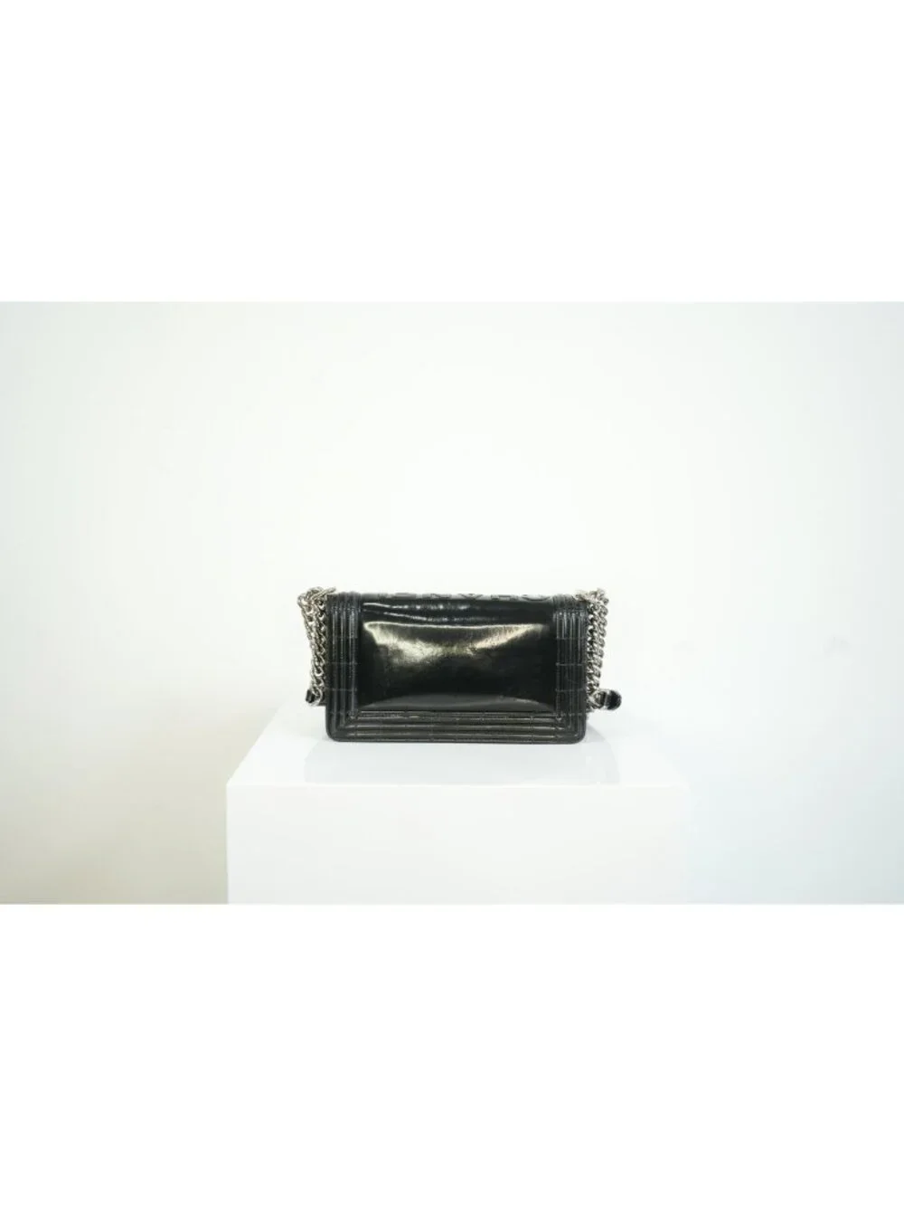 Chanel Black Patent Leather Boy Bag Silver Hardware